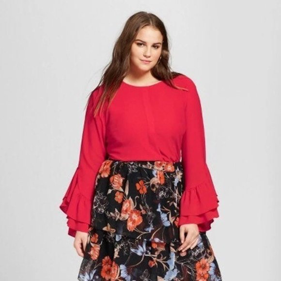 Who What Wear Long Sleeve Red Ruffle Top Size Large - Picture 7 of 12